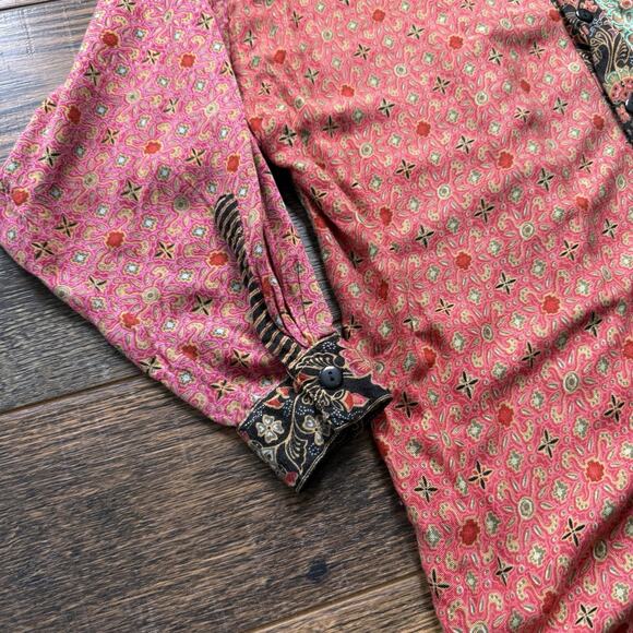 We Be Bop Rayon Button Down Blouse Boho Patchwork Print Long Sleeve Shirt - Picture 4 of 9